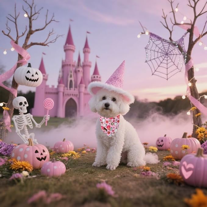 Lionet Paws Halloween Dog Bandana Washable Cotton Handkerchief Scarf Triangle Flower Ghost Pink Bandanas for Medium Large Dogs Girl