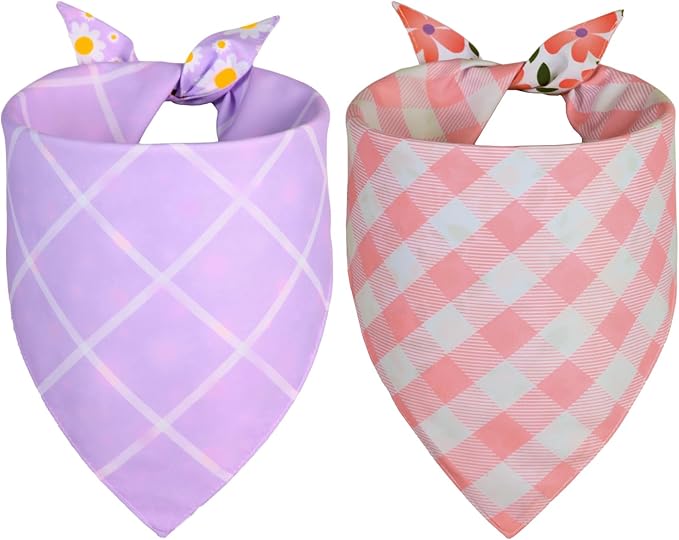 Spring Dog Bandanas Girl XLarge 2PCS, Purple Pink Daisy Summer Scarf, Durable Triangle Reversible Spring Bibs Handkerchief for Puppy Pet