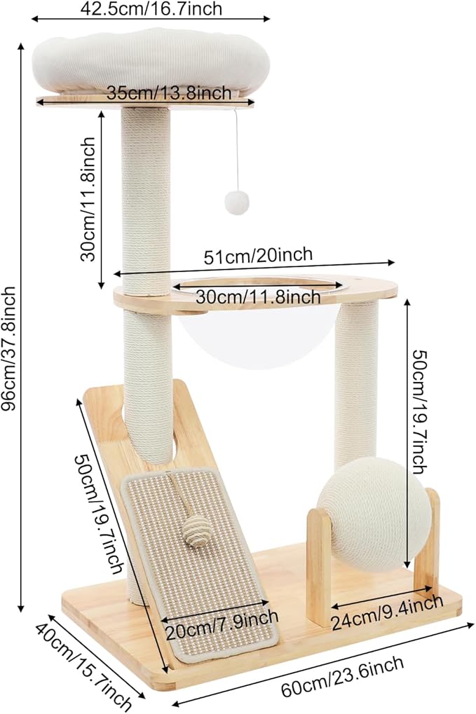 Wooden Cat Tree with Cuddle Bed and Scratching Posts, Multi-Level Cat Tower with Ramp and Ball, Compact Cat Furniture for Indoor Cats, Rubberwood Sisal Cat Climber for Small Spaces ﻿ (Style 2)