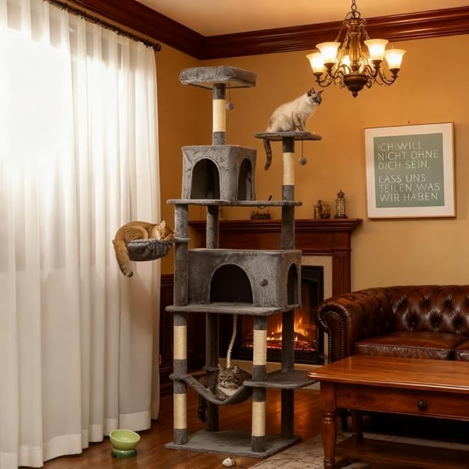 Stylish Cat Tree Tower with Sisal Scratching Posts, Cozy Condo, and Plush Perches for Climbing, Resting, and Play (Dark Gray + Cotton + Particle Board-1)