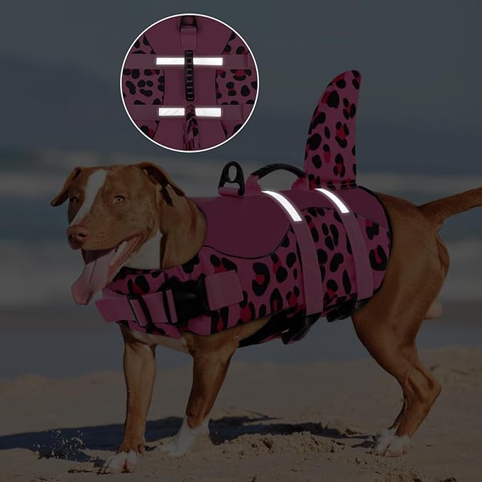 ASENKU Dog Life Jacket - Pet Safety Vest for Swimming & Boating, Shark Life Jacket with Floatation, Dog Lifesavers Swimsuits for Small Medium Large Dogs (Pink Leopard, XL)