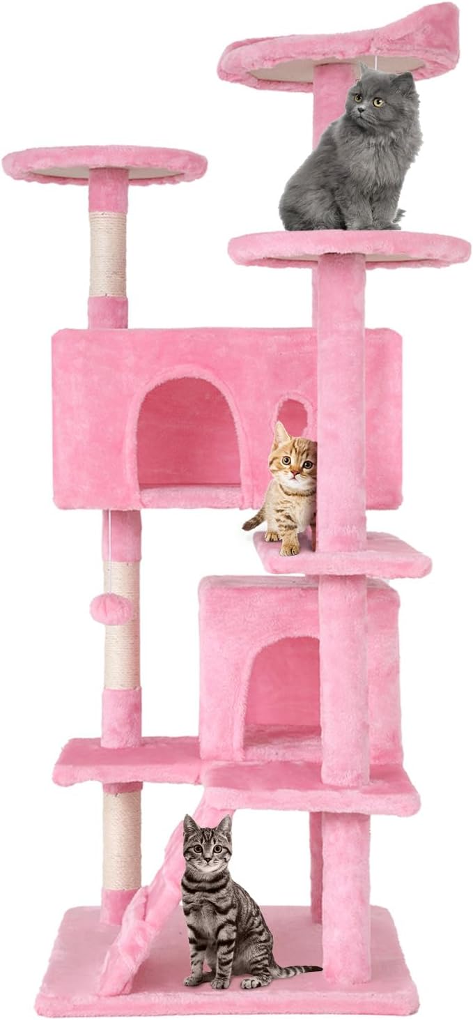 54in Cat Tree Tower for Indoor Cats, Cat Tower with Cat Scratching Post, Multi-Level Cat Furniture, Cat Tower with Funny Toys for Kittens-Pink