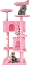54in Cat Tree Tower for Indoor Cats, Cat Tower with Cat Scratching Post, Multi-Level Cat Furniture, Cat Tower with Funny Toys for Kittens-Pink