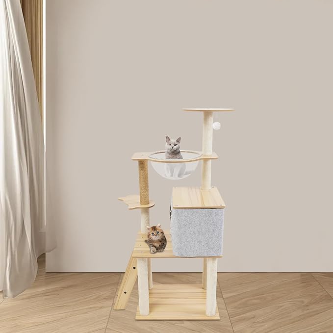 47.2-Inch Cat Tower, Multi-Level Cat Scratching Climbing Frame Cat Tree with Toy for Indoor Cats Paper Pillar Scratching Posts, Grey