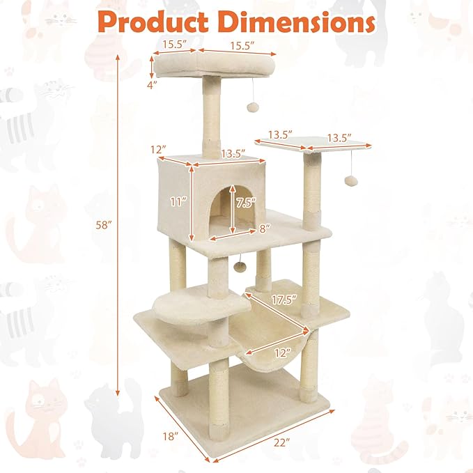 Tangkula 58 Inch Cat Tree Tower, Multi-Level Cat Tower with Sisal Scratching Posts, Padded Top Perch, Condo & Hammock, 3 Hanging Balls, Jumping Platforms for Indoor Cats (Beige)