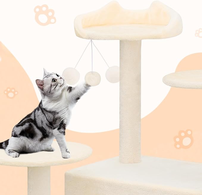 Tall Cat Tree with Scratching Post, 2 Cat Condos and Ladder, Cat Tower for Indoor Cats Kittens Climbing Tower with Anti-Tipping Rope, 77 Inch, Beige