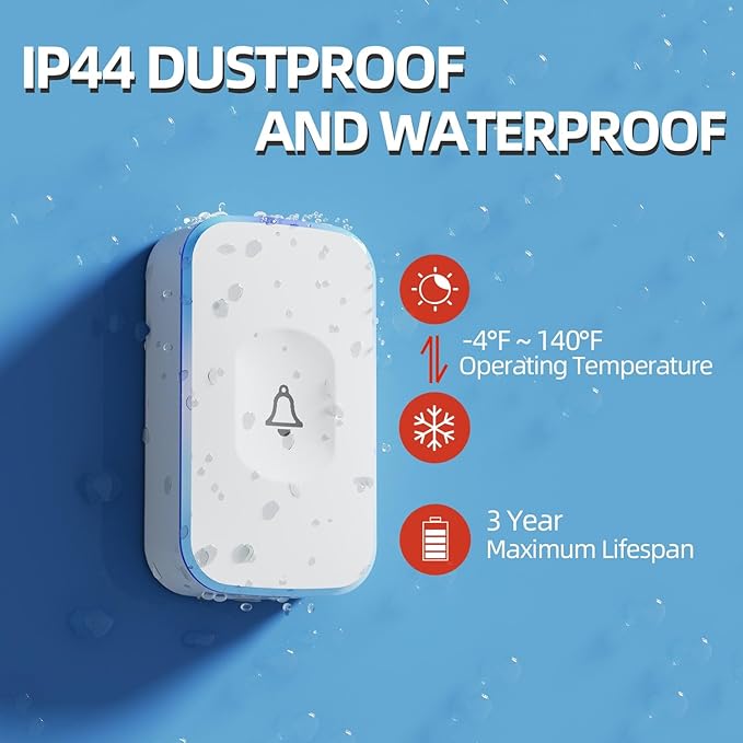 Wireless Doorbell 1200 feet Waterproof Door Bell with Flash LED Light 36 Melodies 4 Volume Levels (2 Receivers& 1 Touch Button, White JSIEEM)
