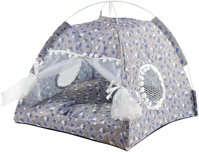 Cat Tent Cat Princess Indoor Cotton and Linen Tent House Detachable Cute Flower Cave Cat Nest Bed Portable Cat and Dog Tent (S,Grey)