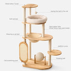 Solid Rubber Wood Cat Tree Tower with Scratching Posts Cat Scratching Ball and Board Washable Easy Clean for Large & Multi-Cat Homes