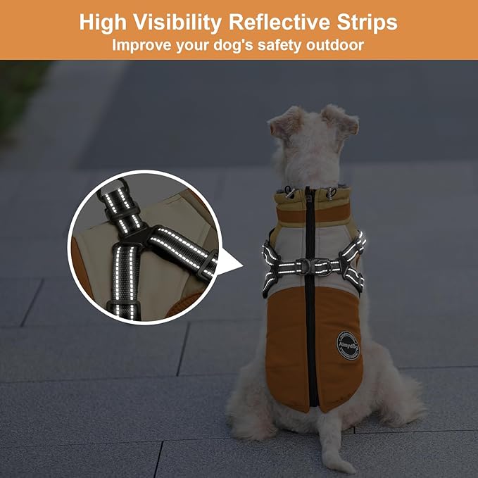 Winter Coat, Waterproof Jacket, Warm Fleece Vest With Built-in Harness, Windproof Turtleneck, Reflective Snow Jacket for Small Medium Large Dogs, Orange L