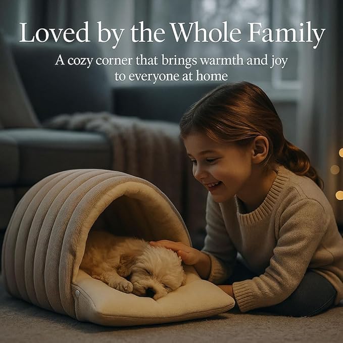 Cozy Cat Cave Bed, Enclosed Winter Cat House with Removable & Machine Washable Cover, Upgraded Warm Plush Cushion for Indoor Cats & Small Dogs (Beige)