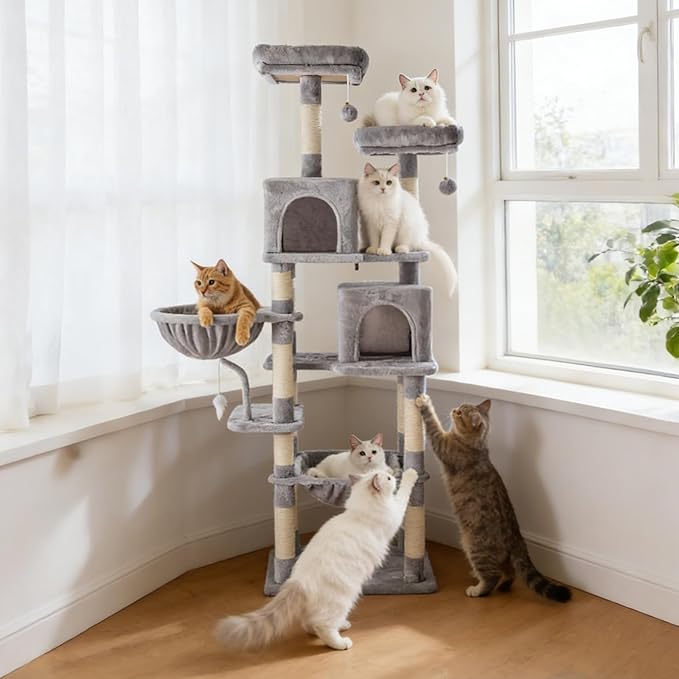 71in Extra Large Cat Tree Tower, Multi-Level Tall Cat Tower with Scratching Post/Hammock/Plush Condo/Pompoms/Wide Base, Heavy Duty Cats Tree for 20lb+ Large Adult Cats/Kittens, Light Grey