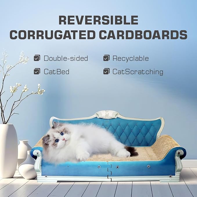 Sofa Shaped Cat Scratching Boards,Cat Scratcher Couch,Extra Large Cat Scratcher Bed 27.5inch for Large Cats Multi-Cats with Catnip(Blue)