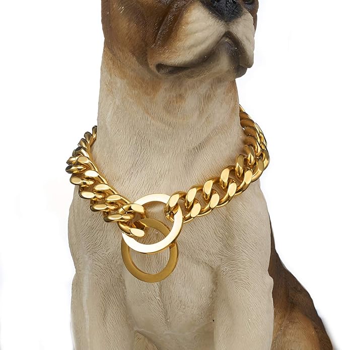 Dog Chain Collar Gold/Silver Stainless Steel 12mm Wide Cuban Curb Link Chain Dogs Necklace Walking Training Collars for Large Medium and Small Dogs 12-26 inches (Gold, 14inch)