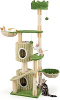 PETSITE 63 inch Tall Cat Tree, Multi-Level Aesthetic Stripped Cat Tower with Sisal Scratching Posts, 2 Condos, 2 Side Baskets, and 2 Dangling Balls, Indoor Green Cat Tree Tower for Indoor Cats