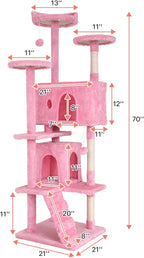 Cat Tree with Scratching Post,Cat Tower House for Indoor Large Adult Cats Kittens,21x21x70in Multi-Level Activity Cat Cando Furniture,Pink