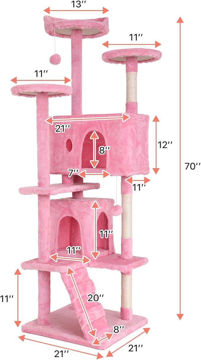 Cat Tree with Scratching Post,Cat Tower House for Indoor Large Adult Cats Kittens,21x21x70in Multi-Level Activity Cat Cando Furniture,Pink