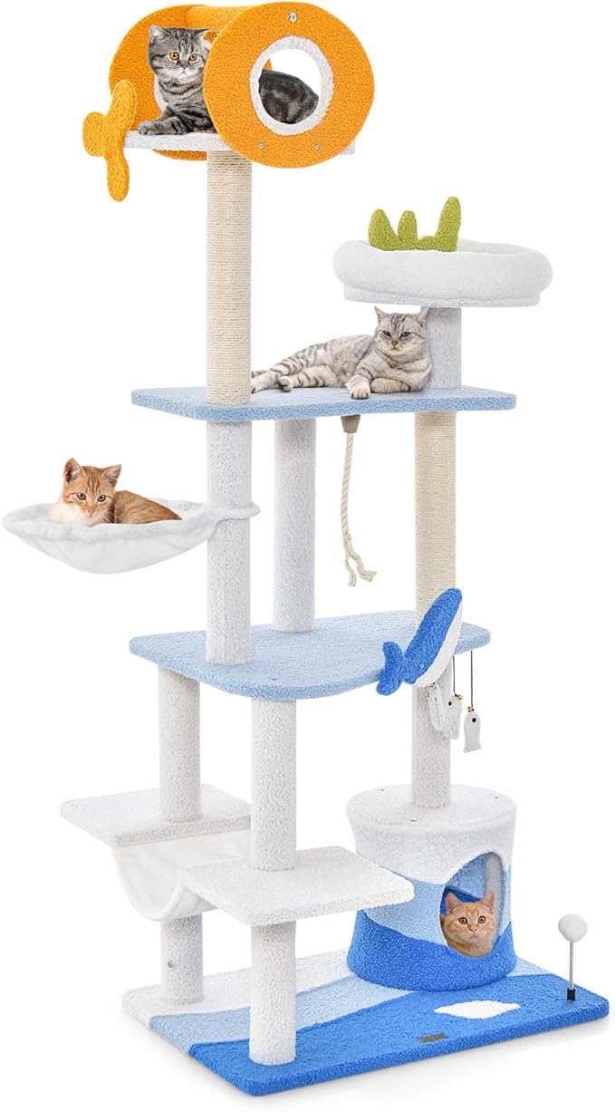 PETSITE Ocean-Themed Cat Tree for Indoor Cats, Multi-Level Cat Tower with Natural Sisal Scratching Posts, Hanging Toys and Padded Top Perch, Modern Cat Tree for Large Cats 20 lbs Heavy Duty (66")