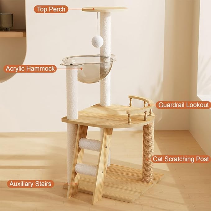 Modern Solid Wood Cat Tree Tower, 41.3" Multi-Level Cat Tower with Sisal Scratching Posts, Acrylic Hammock & Top Perch, Stable Cat Condo for Kittens, Adult & Large Cats