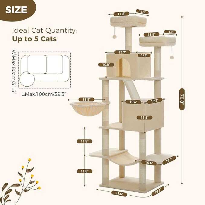 70.8" Tall Cat Tree for Indoor Cats Adult, 8-Levels Large Cat Tower with 8 Sisal Posts, 2 Hammocks, 2 Codons, Big Perch & 3 Pom Poms for Multi Cats Household– Plush Beige