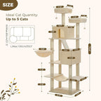 70.8" Tall Cat Tree for Indoor Cats Adult, 8-Levels Large Cat Tower with 8 Sisal Posts, 2 Hammocks, 2 Codons, Big Perch & 3 Pom Poms for Multi Cats Household– Plush Beige