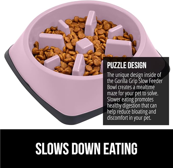 GORILLA GRIP Patented BPA Free Slow Feeder Dog Bowls, Interactive Puzzle Toy for Dogs and Cats Food Training Enrichment, Keeps Pets Busy and Prevents Puppy Overeating, All Breeds, 2 Cup, Pink