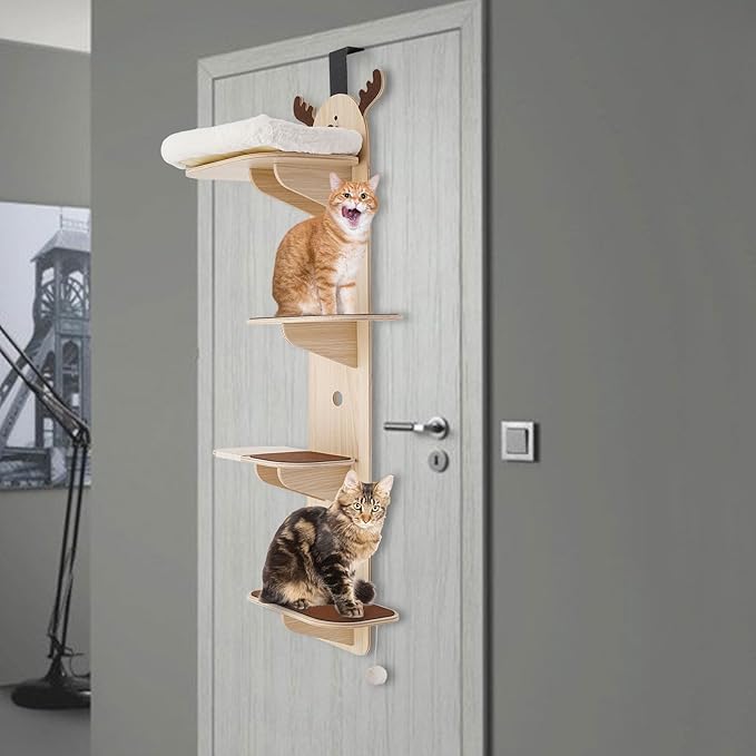 4-Tier Door Hanging Cat Tree, Door Mounted Cat Climbing Frame with Cat Litter & Scratching Board, Space-Saving Cat Tree for Indoor