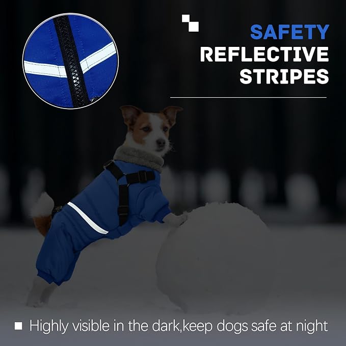 BRKURLEG Blue Dog Winter Coat, Cozy Winter Dog Jackets, Small Dogs Coat with Harness, Onesie Body Warm Puppy Christmas Jacket, Pet Reflective Cold Weather Jackets, Puppy Four-Legged Puffer Coats,L