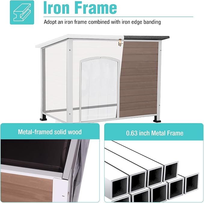 Heated Dog House Outdoor,Anti Bite Iron Frame Dog Kennel with Adjustable Temperature and Time,Insulated Weatherproof Outside Shelter for Feral Animal (Brwon, L)