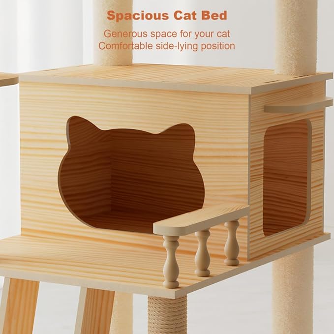 Stylish Cat Tree Tower with Scratching Posts, Cozy Hammock, and Elevated Perch for Indoor Cats – Modern Wooden Design (Natural+White + MDF-2)