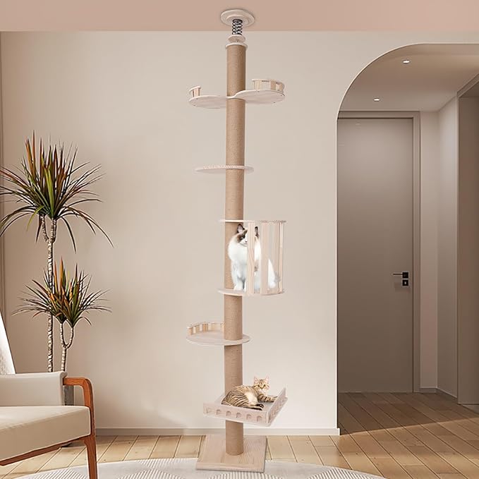 Floor-to-Ceiling Cat Tree, Adjustable Height 100.4-104.3" Wooden Cat Climbing Tower for Indoor Cats, Cat Condo with Jumping Platforms & Scratching Post, Holds 20kg/44.1lbs