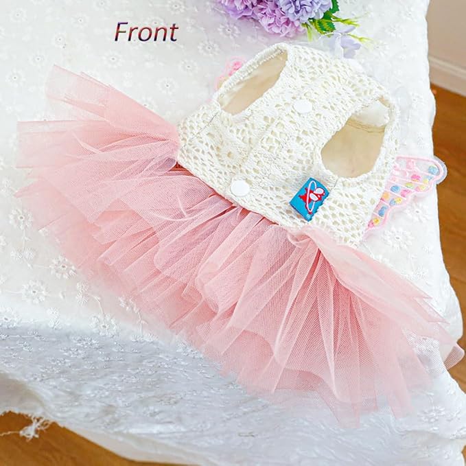 ANIAC Butterfly Dog Dress with Pink Tutu Funny Dog Clothes with Wing Girl Puppy Dress for Small Dogs Pet Butterfly Costume Holiday Cat Outfit for Halloween Birthday Wedding (Pink, Small)