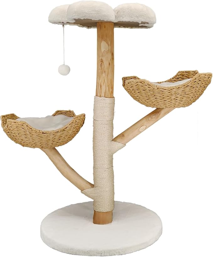 Bingopaw Modern Cat Tree Tower: 44Inch Large Cats Tree with Rattan Basket and Sturdy Base - Wooden Cat Tree with Scratching Post and Flower Shape Platform