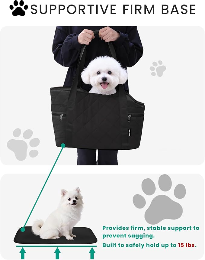 Lightweight Dog Purse Carrier for Small Dogs up to 15 lbs, Dog Tote Bag Puppy Carrier, Soft Plush Interior, Safety Leash Clip, 4 Side Pockets Dog Carrier Bag for Travel & Walking, Black
