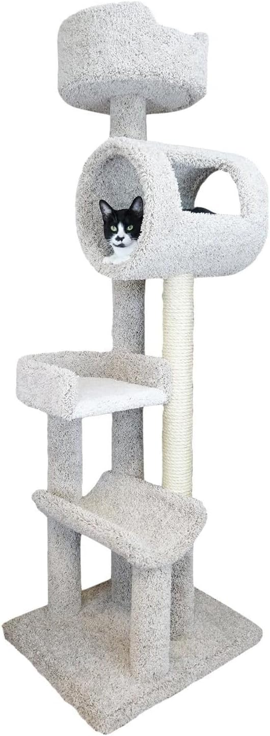 Maykoosh Rustic Recluse Large Cat Tower with Easy to Access Spacious Perches, Carpet Upholstered Cat Tree for All Cat Breeds, Multi-Perch Cat Tree with Sisal Rope Scratch Post Neutral