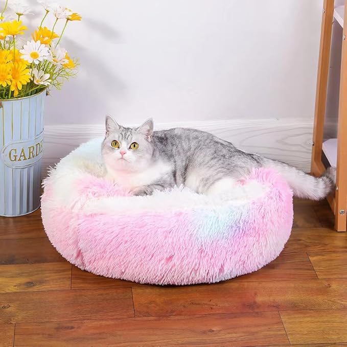 Cat Bed Round Fluffy Hooded Cat Bed Cave, Anti-Anxiety Cave Bed with Hooded Blanket, Cozy Cuddler Luxury Puppy Pet Bed, Anti-Slip Bottom and Machine Washable (Rainbow, Medium)