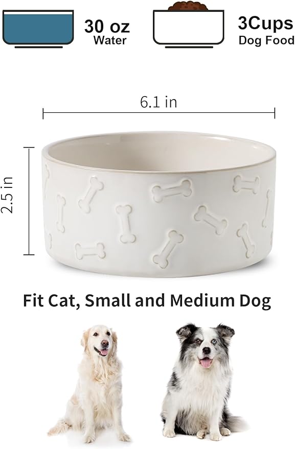UBEE Ceramic Dog Bowl Set of 2, Dog Food Bowl Dish, Pet Food Water Dish Feeding for Small and Meidum Dogs and Large Cat, White, Paw + Bone Pattern, 6.1 in-Medium