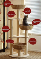Modern Wood Cat Tree for Large Cats,Luxury Rattan Oak Solid Cat Trees Towers，3 Weaving Cat Nests & Washable Cushions, Sisal Scratching Posts,Cat Condo for Indoor Cats, Varnish, Easy Clean (Large-O1)