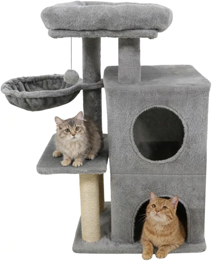 Light Gray 33.5" Cat Tree Tower with 2-Tier Condo, Multi-Level Perches, Sisal Scratching Posts & Anti-Tip Safety Device