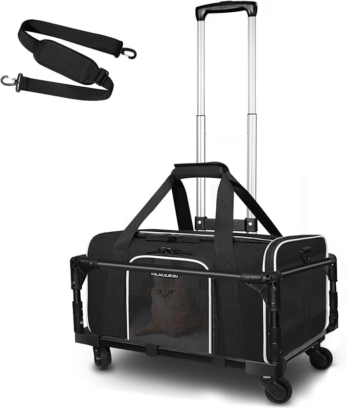 Petskd Small Pet Carrier with Wheels (17" L x 11" W x 9.5" H), Alaska Airlines Approved, Rolling Pet Carrier for Small Dogs & Cats (Black)