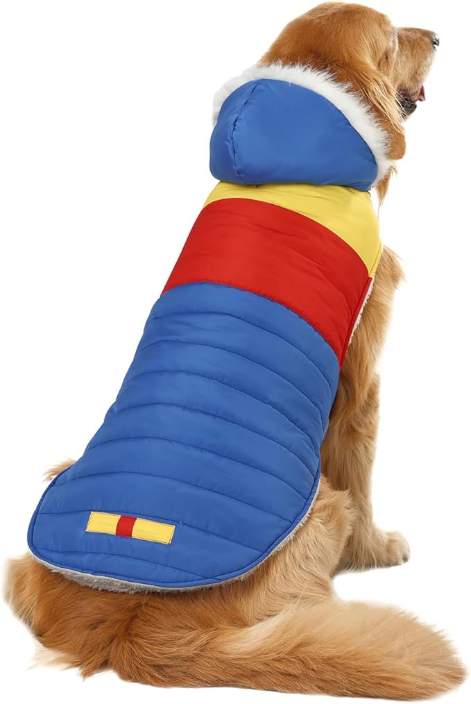 HDE Dog Puffer Jacket Fleece Lined Warm Dog Parka Winter Coat with Harness Hole 90s Colorblock - XXL