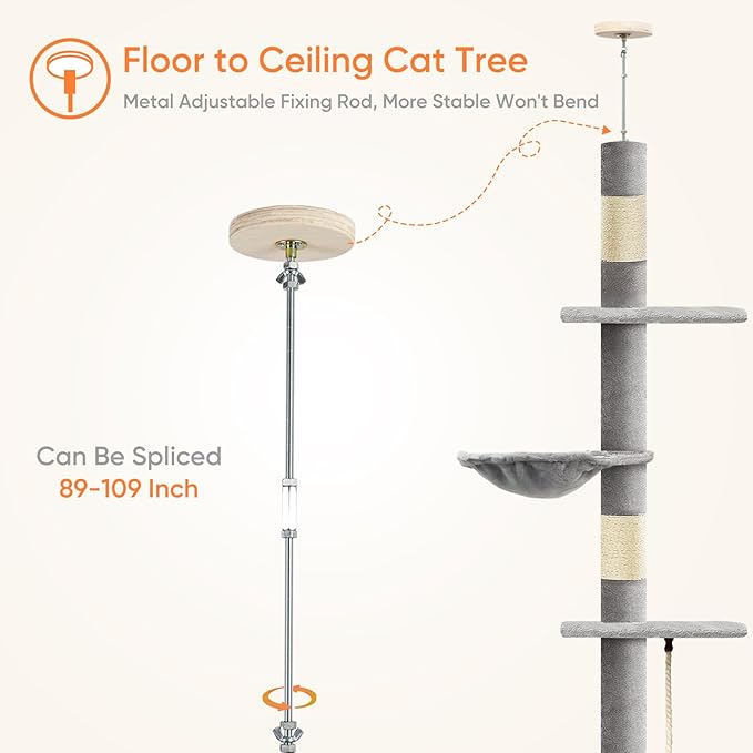 Cat Tree 5-Tier Floor to Ceiling Cat Tower with Cozy Hammock, 89-109 Inch Adjustable Height Sisal Scratching Post, Provides Vertical Enrichment for Jumping & Climbing, Grey