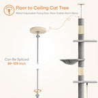 Cat Tree 5-Tier Floor to Ceiling Cat Tower with Cozy Hammock, 89-109 Inch Adjustable Height Sisal Scratching Post, Provides Vertical Enrichment for Jumping & Climbing, Grey