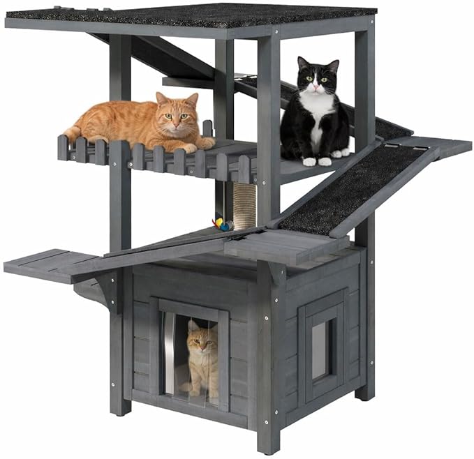 4-Tier Outdoor Cat House Weatherproof Wooden Outside Cat Tree Tower with Ramps, Scratching Post & Enclosed Shelter, Multi-Level Feral Cat Shelter for Indoor Outdoor,Gray