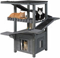 4-Tier Outdoor Cat House Weatherproof Wooden Outside Cat Tree Tower with Ramps, Scratching Post & Enclosed Shelter, Multi-Level Feral Cat Shelter for Indoor Outdoor,Gray
