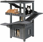 4-Tier Outdoor Cat House Weatherproof Wooden Outside Cat Tree Tower with Ramps, Scratching Post & Enclosed Shelter, Multi-Level Feral Cat Shelter for Indoor Outdoor,Gray