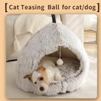 Hezotco Large Cat Bed for Indoor Cats, Soft Fluff Indoor Dog Cave Bed& Cat Cave for Small Dogs. Pet Cave for Puppy with Cat Teasing Ball 22.8"*18.5"*22.8"(Coffee+White)