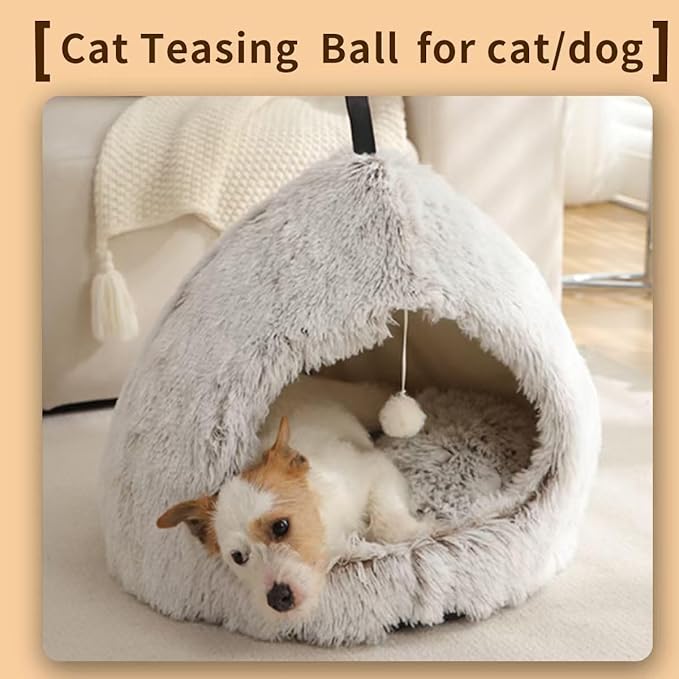 Hezotco Large Cat Bed for Indoor Cats, Soft Fluff Indoor Dog Cave Bed& Cat Cave for Small Dogs. Pet Cave for Puppy with Cat Teasing Ball 22.8"*18.5"*22.8"(Coffee+White)