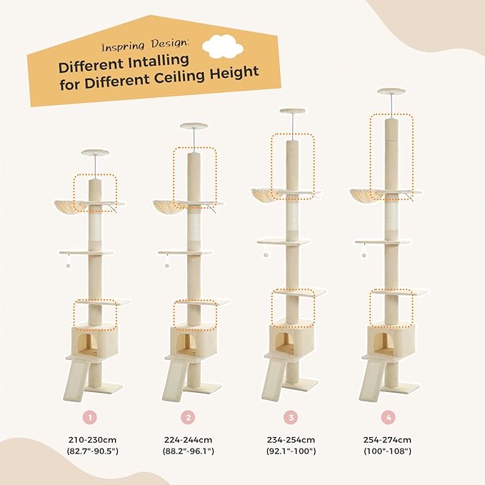 PEQULTI Cat Tree Floor to Ceiling, Tall Cat Tower, Adjustable Height (83''-108'') 5 Tiers Climbing Tree for Indoor Cats with Cat Condo, Scratching Post and Ladder, Beige