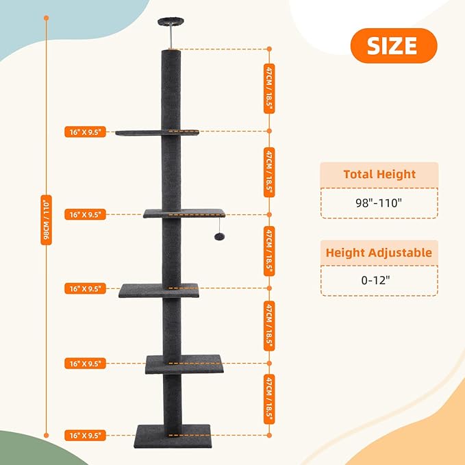 Cat Craft Cat Tree Floor to Ceiling 95-108" Tall Cat Tree Carpet Cat Tower Kitten Tree Sisal Scratching Post and Mat Cat Pole for Indoor Cats, Ash